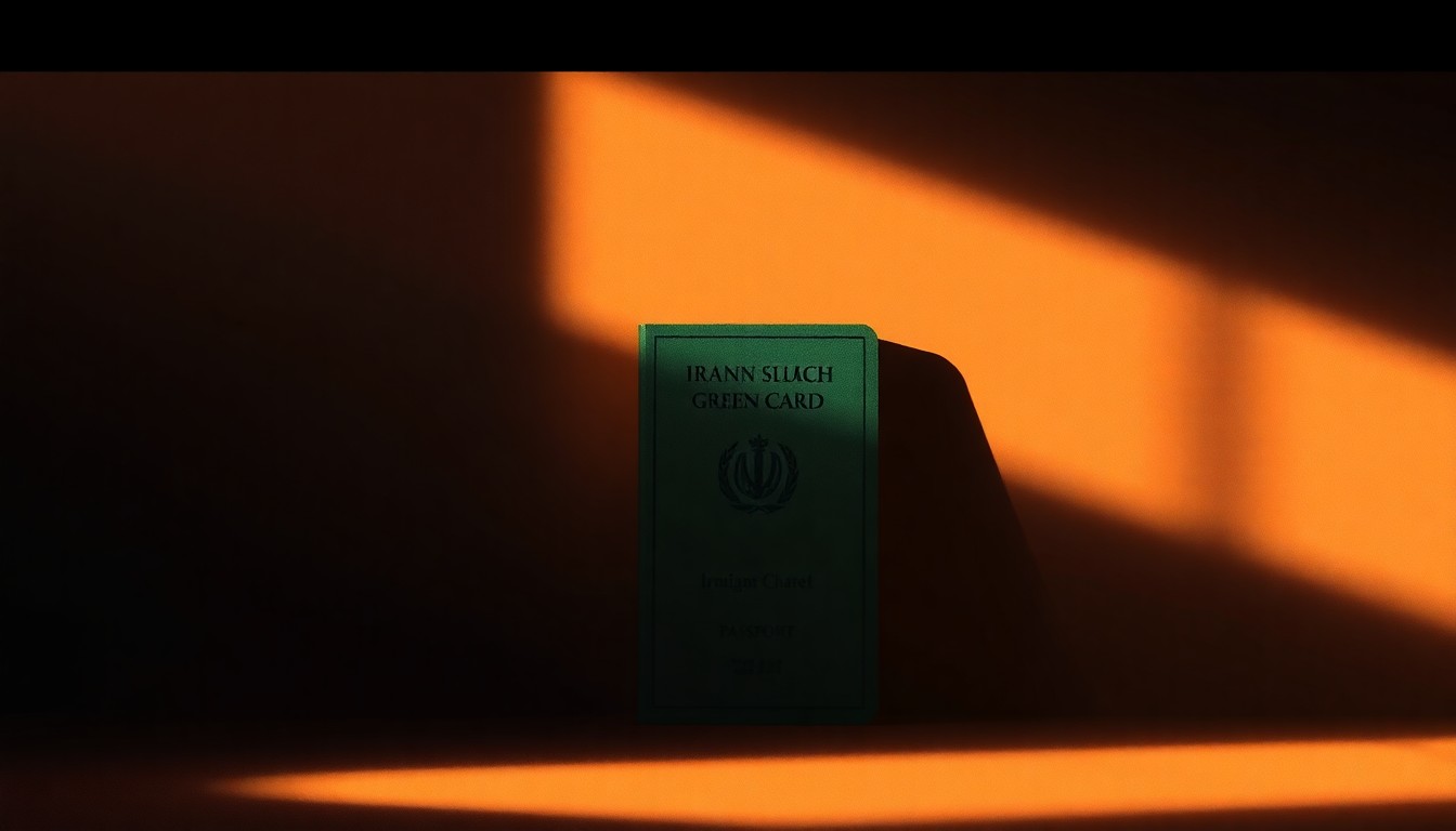 A detailed close-up painting of an Iranian passport or green card document, its pages and edges illuminated by warm, directional light, conveying a sense of solitude and the personal impact of global politics.