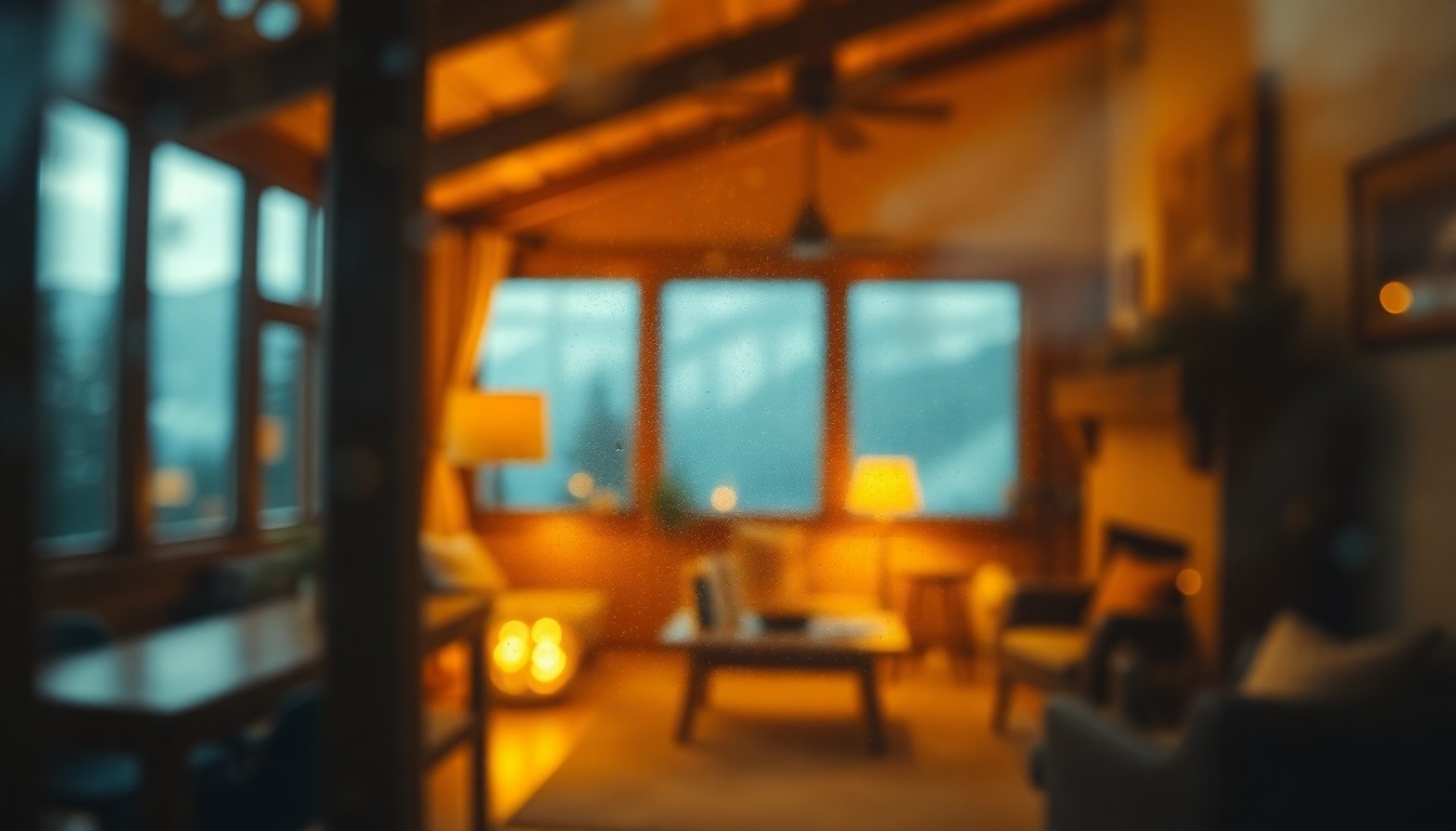 An abstract, impressionistic scene of a cozy, warm-toned interior with hints of mountain views and alpine decor, captured in a soft, out-of-focus style reminiscent of Saul Leiter's photography.