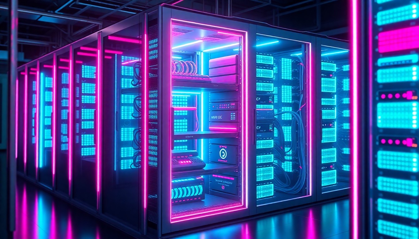 A highly detailed, glowing 3D illustration of a modular data center unit, with neon cyan and magenta lights illuminating the various interconnected hardware components, conceptually representing the advanced, high-tech nature of this emerging technology.