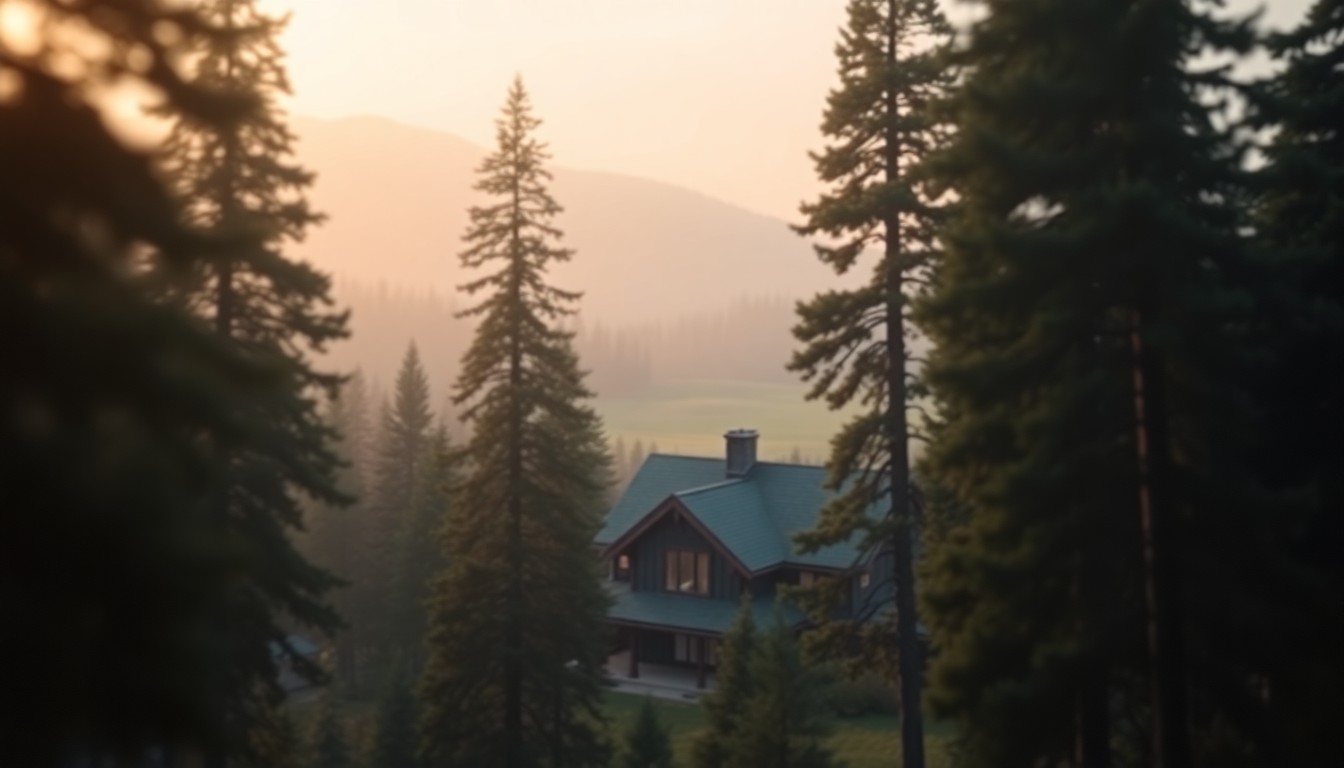 An extremely abstracted, out-of-focus photograph of a mountain home surrounded by pine trees, with the faint outline of a golf course fairway visible in the background, all bathed in a warm, hazy light creating a dreamlike, atmospheric quality.