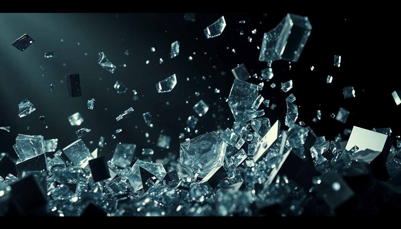 An abstract close-up image of shattered, glittering glass and metal fragments, conveying the collapse and failure of an ambitious sci-fi film project.