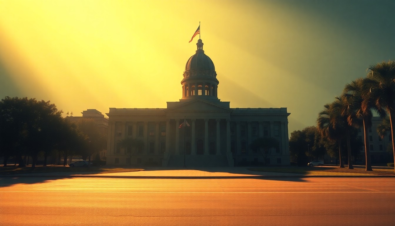 A photorealistic painting of a Florida state capitol building in a warm, golden light, with deep shadows casting across the facade, conveying a sense of quiet contemplation and the gravity of the political process.