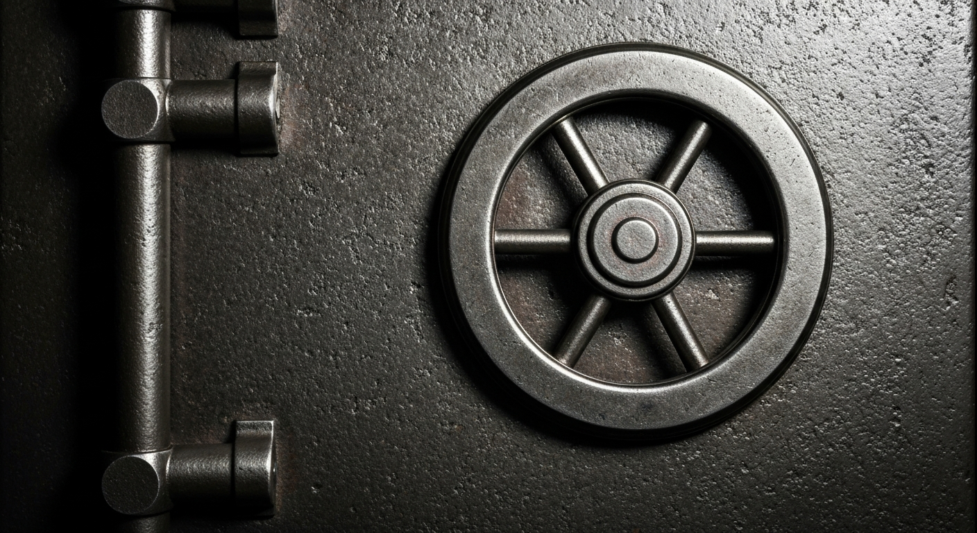 An extreme close-up of an ornate, heavy metal bank vault door, its intricate mechanisms and textured surface filling the frame and conveying a sense of financial security and wealth preservation.