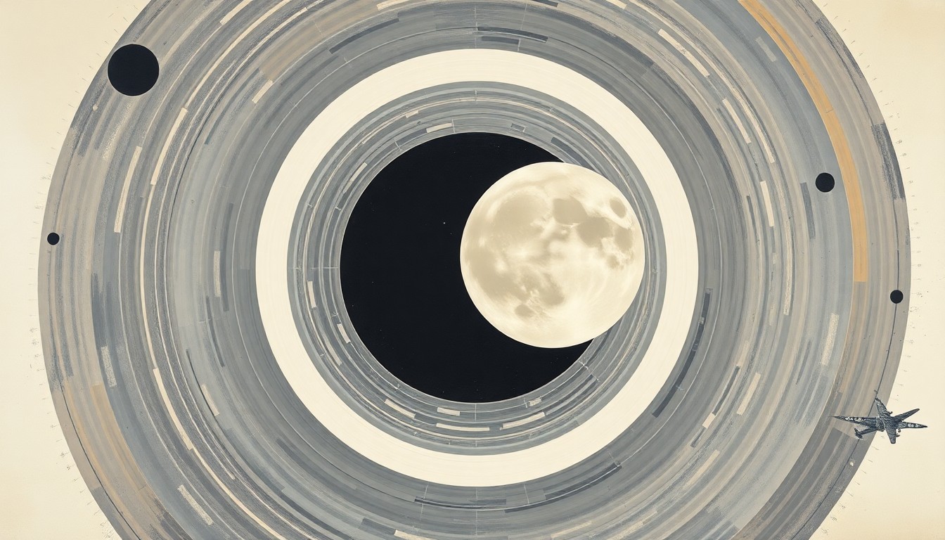 An abstract, geometric painting in soft blues, greens, and grays, depicting the Artemis II spacecraft's orbital path around the moon through sweeping arcs and concentric circles, conveying the scale and precision of the historic mission.