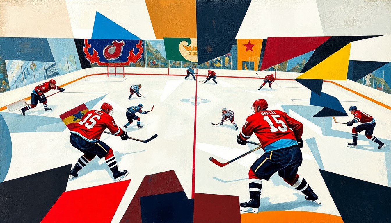 A cubist, geometric painting depicting a hockey game in abstract, overlapping shapes and planes of color, capturing the dynamic energy and movement of the sport.