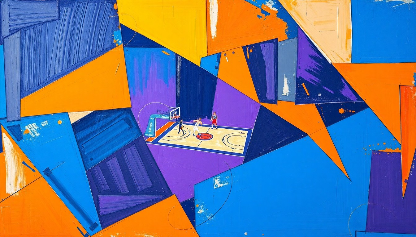 A cubist, geometric painting depicting an abstract NBA playoff game, with sharp, overlapping shapes in vibrant colors like deep blue, bright orange, and rich purple, conveying the chaotic and unpredictable nature of the 2026 postseason.
