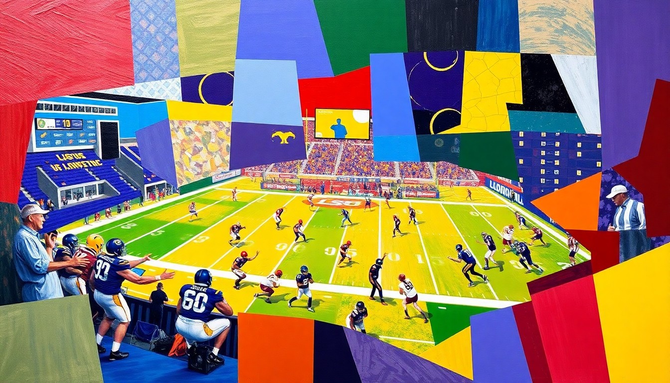 A cubist, geometric painting depicting a fragmented football practice scene, with sharp planes of LSU's official purple and gold colors.