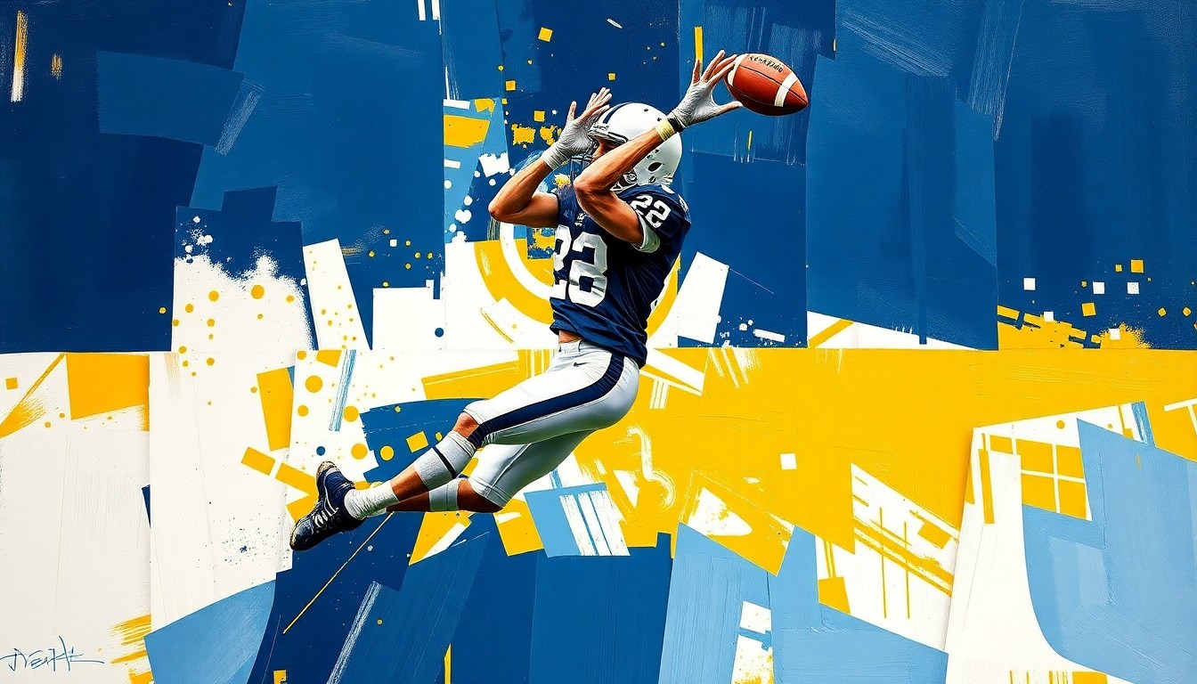 A fragmented, cubist-style painting depicting a Penn State tight end in mid-air making a leaping catch, with the player's body and the football broken down into sharp, overlapping geometric shapes and planes in shades of blue, gold, and white.
