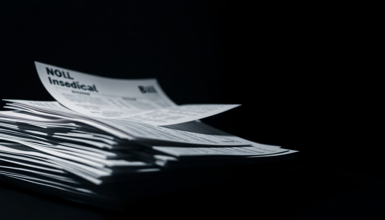 An extreme close-up photograph of a stack of medical bills and insurance documents, lit by a harsh, direct camera flash against a pitch-black background, conceptually illustrating the gritty, investigative nature of the healthcare fraud case.