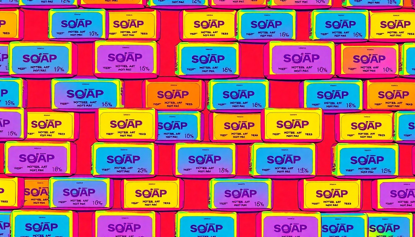 A bold, colorful silkscreen-style illustration featuring a repeated pattern of a hotel soap bar in vibrant neon shades, conceptually representing the hidden costs and manipulative pricing tactics found in the hospitality industry.
