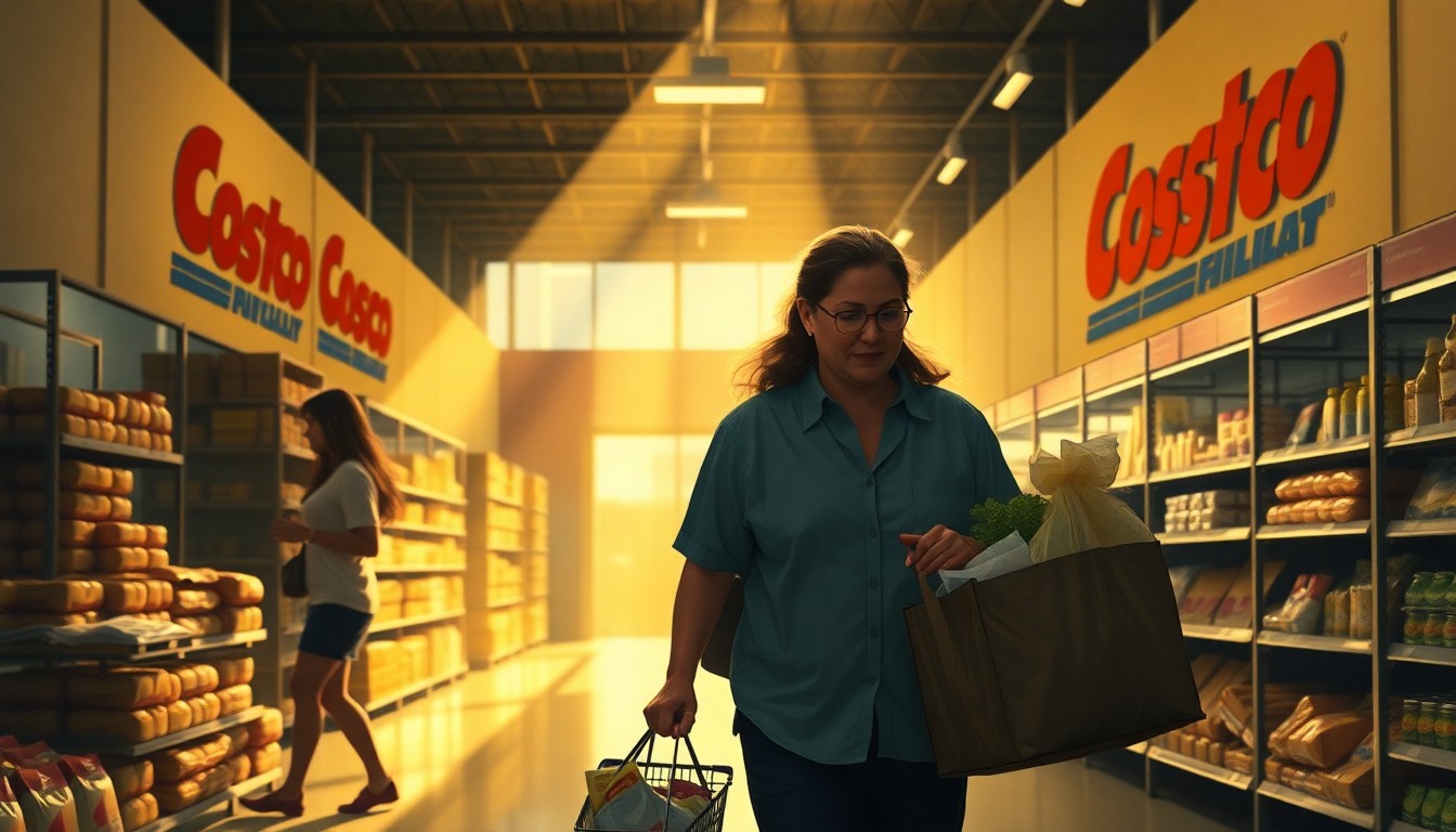 A warm, cinematic painting depicting Usha Vance and her family shopping at a Costco store, the scene bathed in soft light and deep shadows, conveying a sense of the everyday rituals that shape public life.