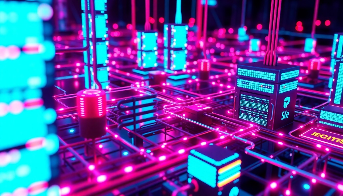 A visually striking, 3D macro illustration depicting a complex network of interconnected cybersecurity infrastructure, with glowing neon lights representing the coordinated efforts to defend against cyber threats.