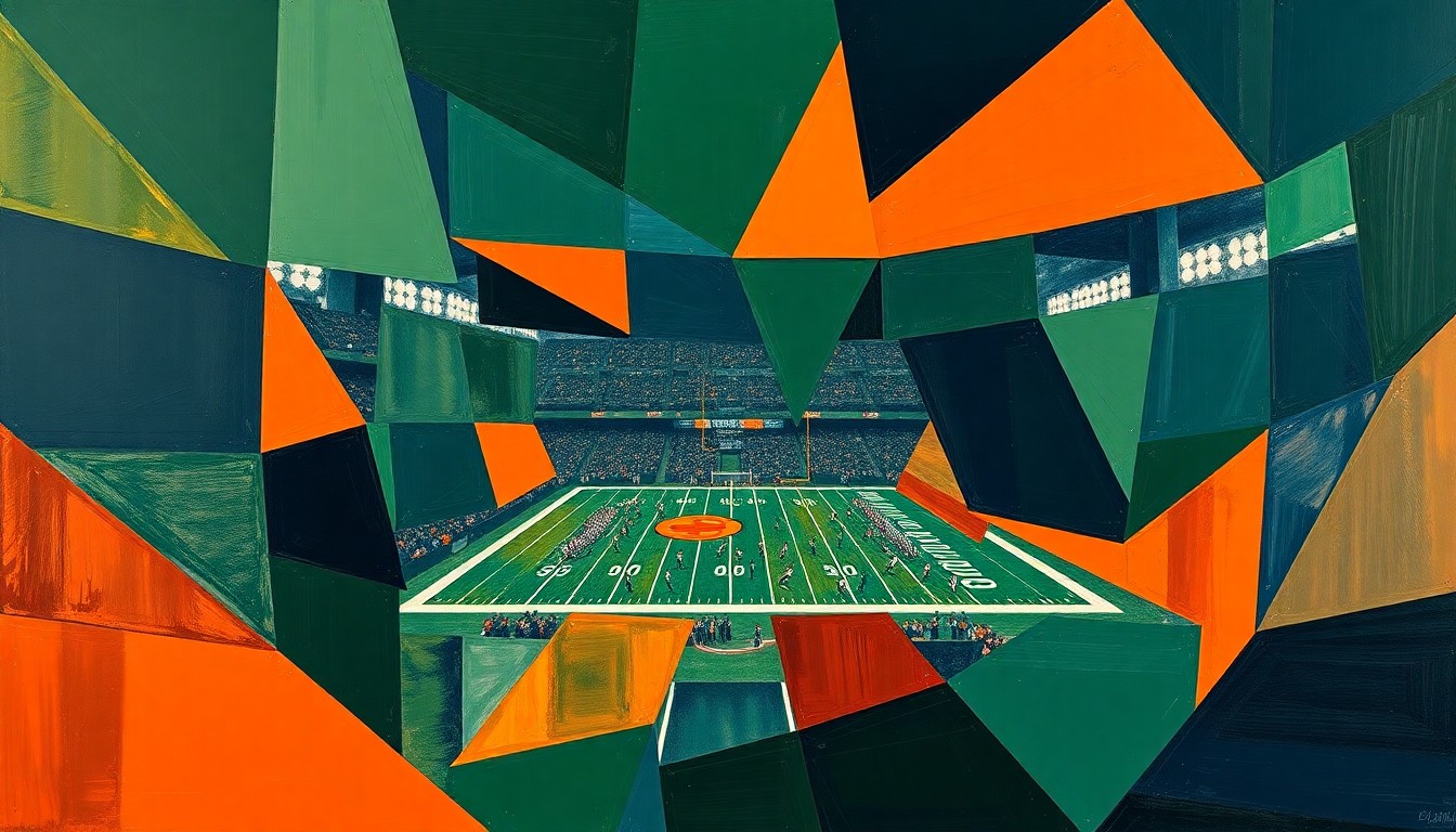 A cubist, geometric painting depicting an American football game, with sharp, overlapping planes of navy, green, and orange conveying the dynamic action and competition of the sport.