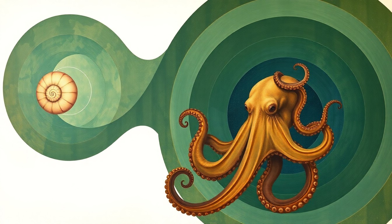 An abstract, geometric painting in soft earth tones depicting the interconnected structures and evolutionary forces that link nautilus and octopus, the two major cephalopod lineages, conveying the scientific significance of the Pohlsepia fossil reclassification.