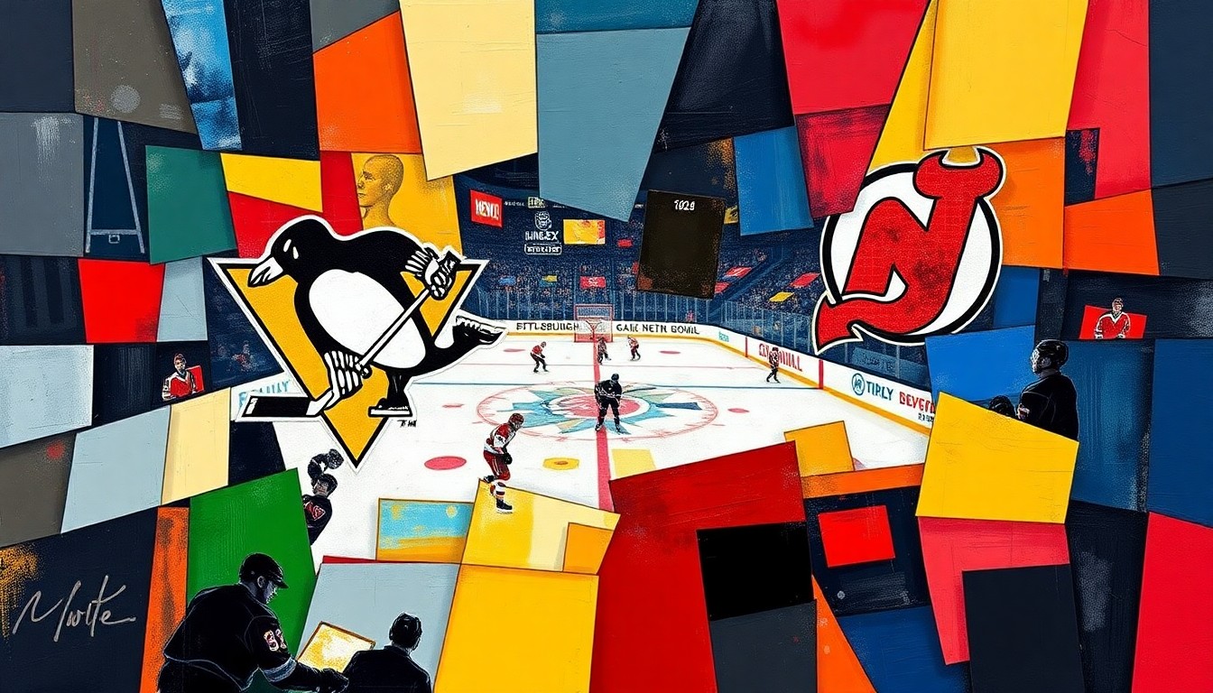 A cubist, geometric painting depicting overlapping and fragmented hockey players and equipment, using a color palette of navy blue, gold, and red to represent the Pittsburgh Penguins and New Jersey Devils, conveying the dynamic and competitive nature of the NHL playoff race.
