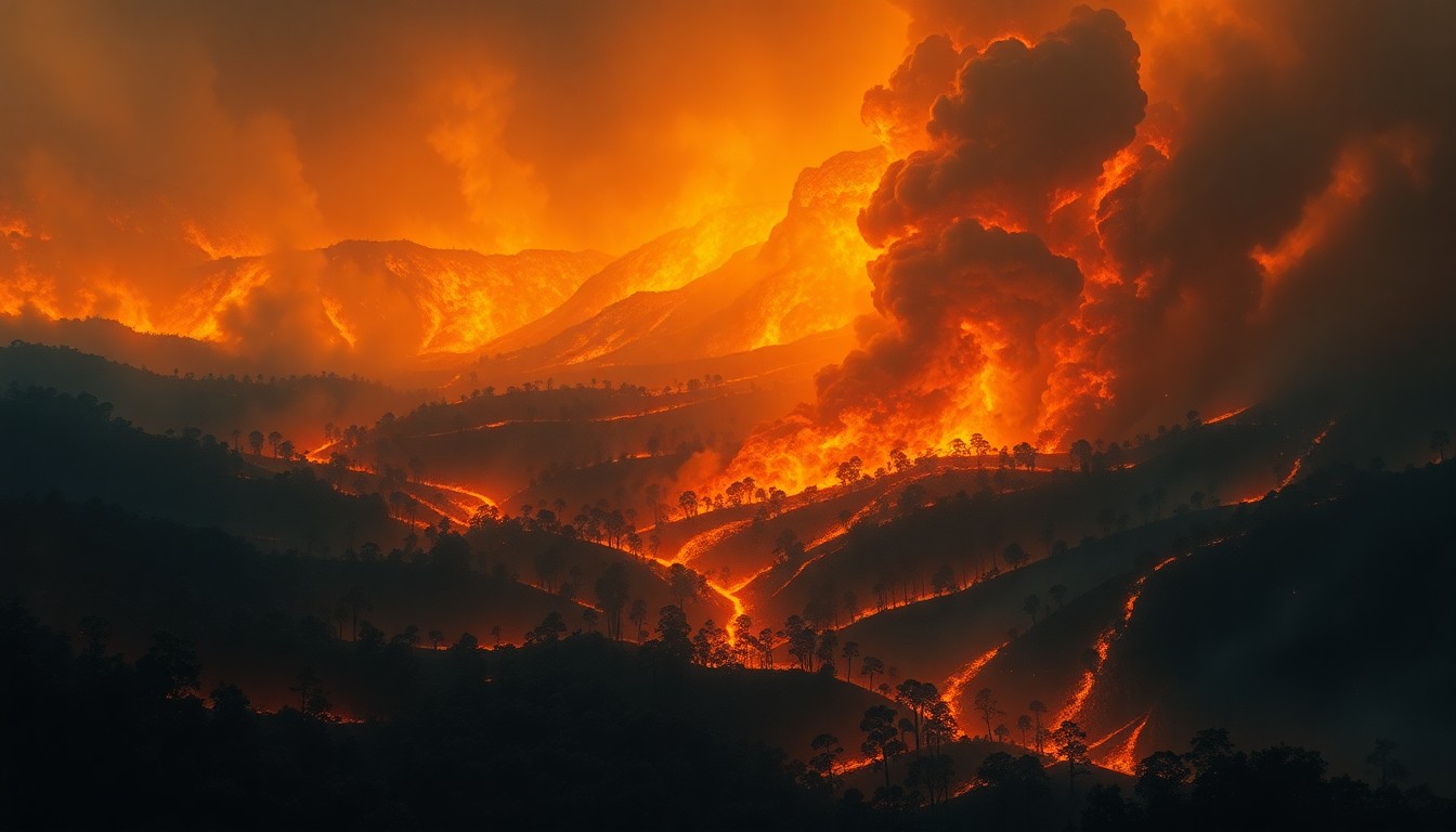 A dramatic landscape painting depicting a massive wildfire burning through a dense Florida forest, with the flames and smoke dwarfing the physical structures and objects within the scene.