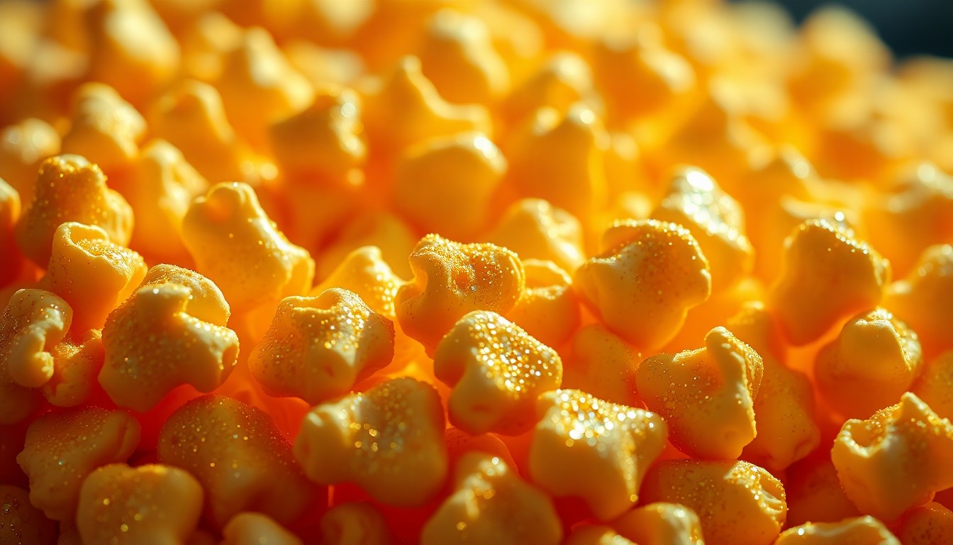 An extreme close-up photograph of shiny, golden movie theater popcorn kernels, capturing the luxurious, glamorous texture of blockbuster cinema snacks.