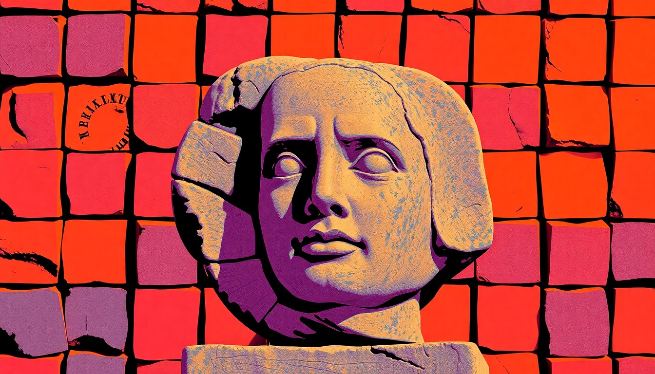 A bold, colorful silkscreen-style illustration featuring a repeated pattern of a stone sculpture in bright neon hues, conceptually representing the creative energy and community of the Aiken Artist Guild.