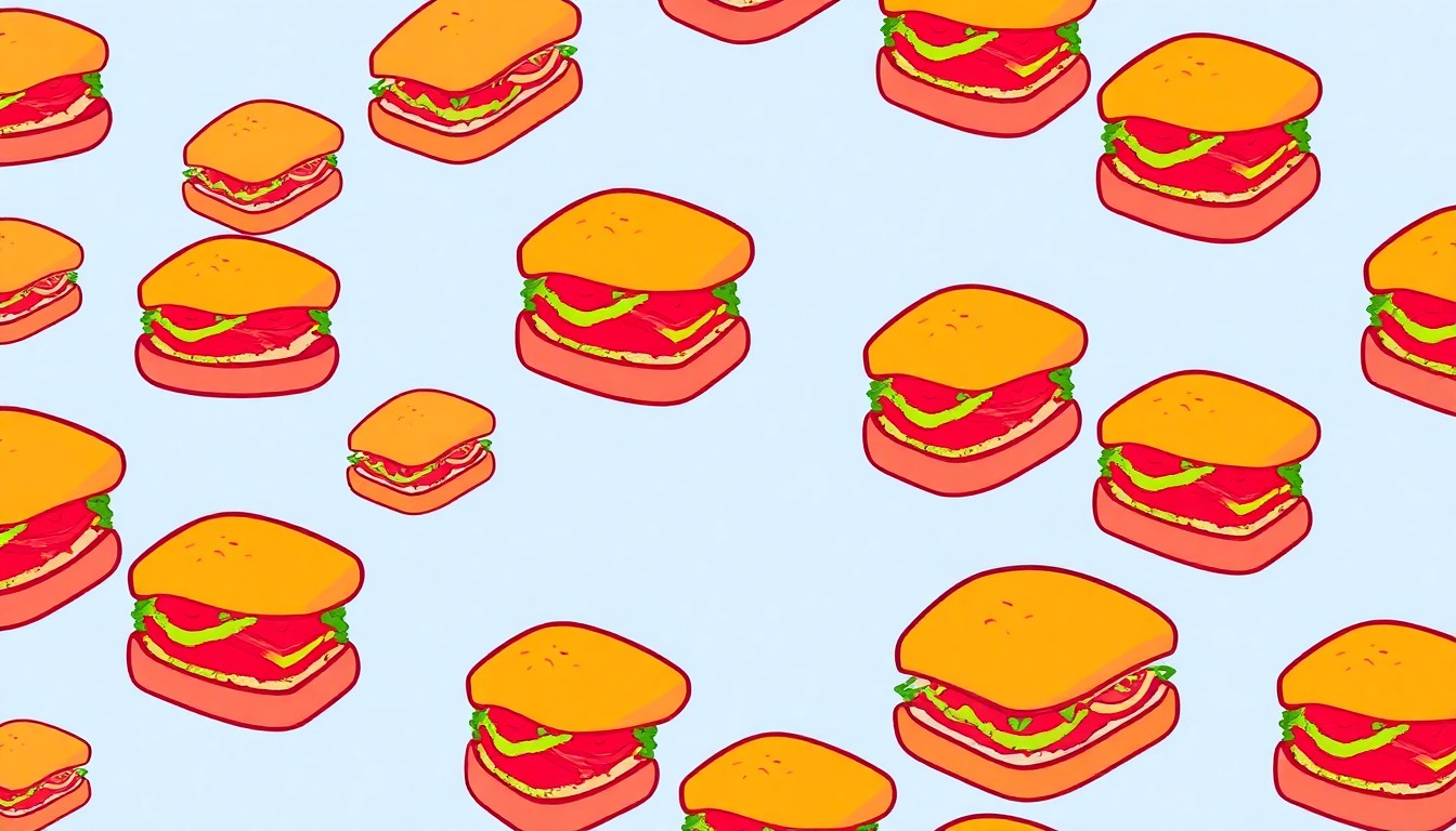 A bold, graphic illustration composed of a repeated pattern of a stylized tuna sandwich icon in a vibrant neon color palette, conveying the conceptual idea of a popular menu item being removed due to nutritional concerns.