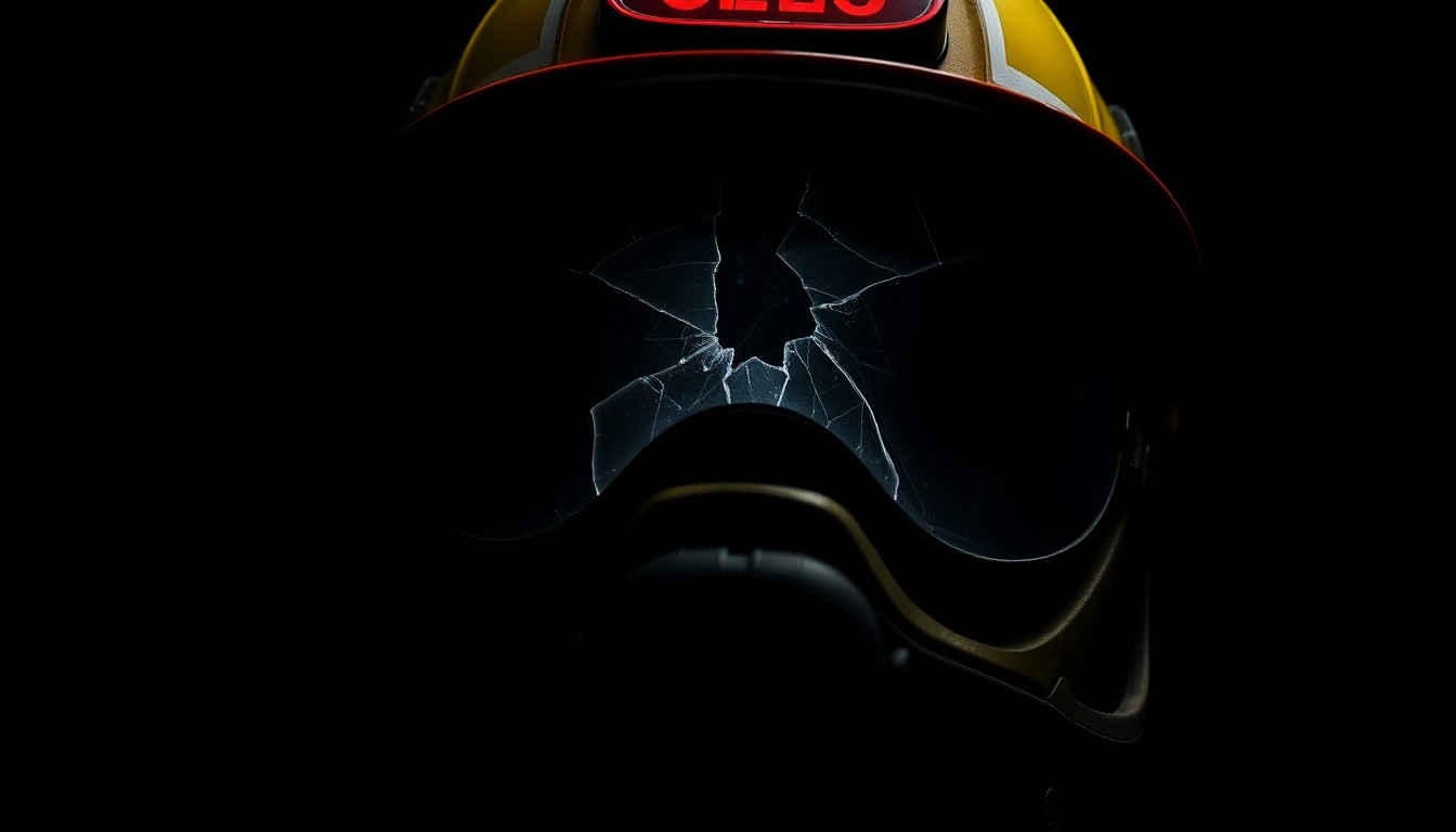 An extreme close-up photograph of a firefighter's helmet with a cracked visor, lit by a harsh, direct camera flash against a pitch-black background, conceptually representing the somber aftermath of a tragic line-of-duty incident.