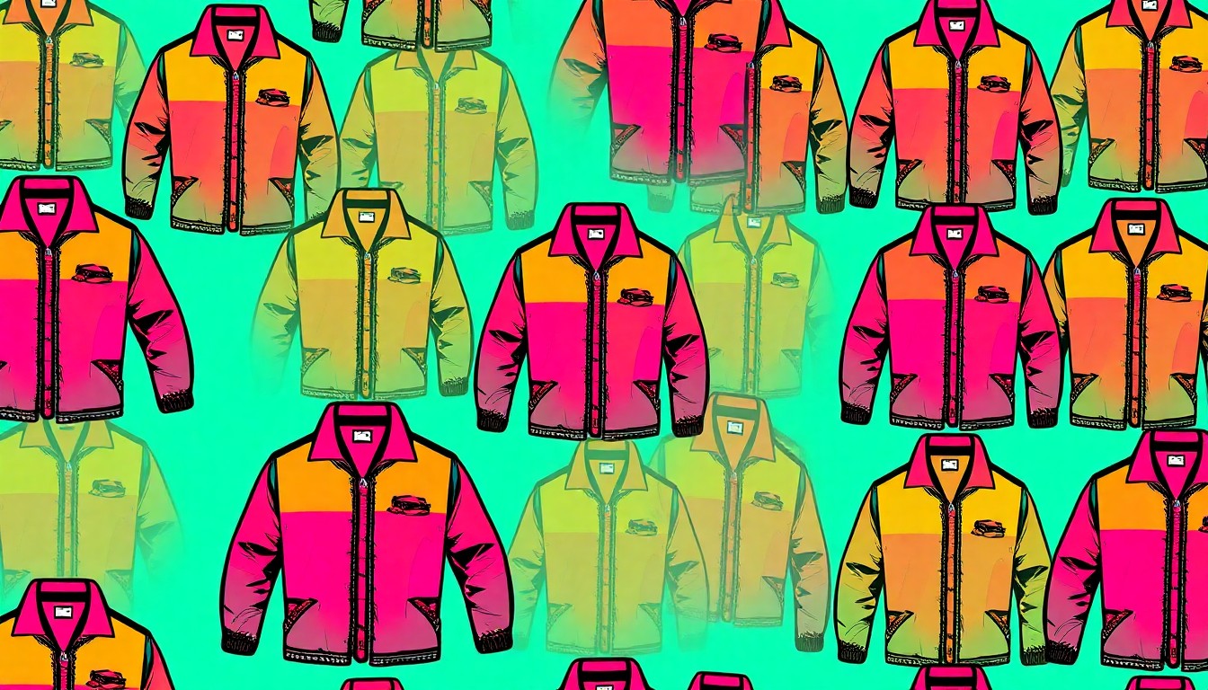 A vibrant, high-contrast silkscreen print featuring a repeated image of a cross-stitched jacket design in a grid pattern, using a bold, neon color palette to capture the energy and creativity of Emma McKee's streetwear art.