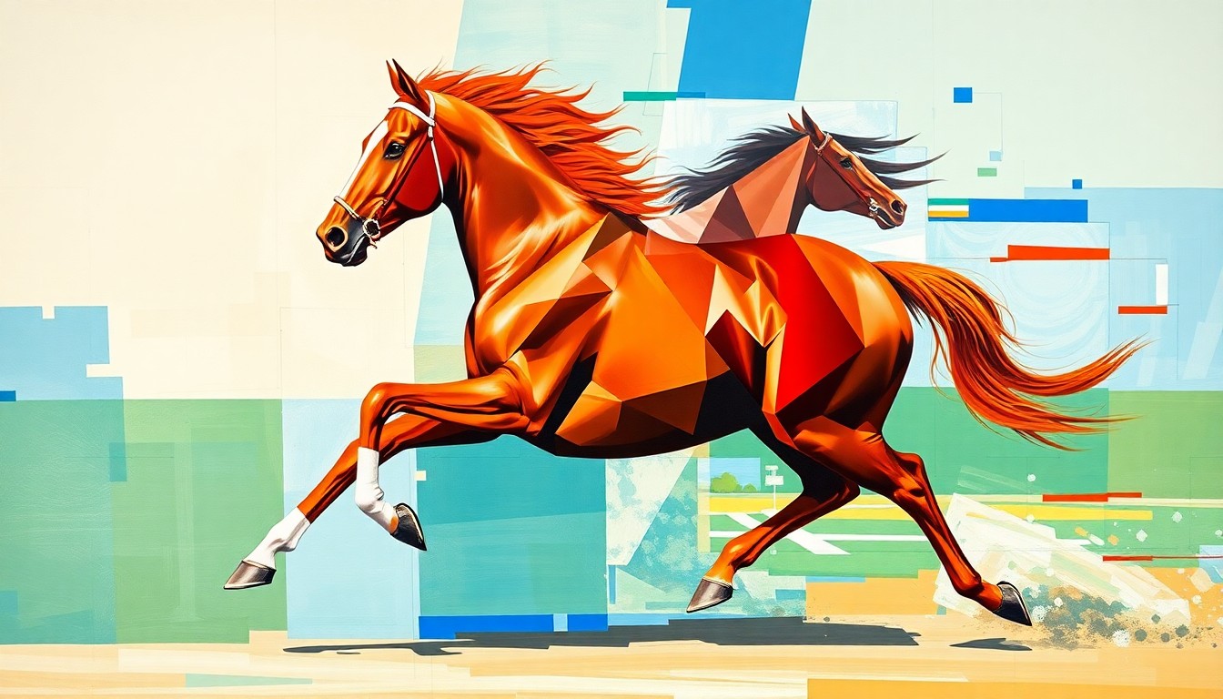 A cubist-style painting depicting a Thoroughbred racehorse in motion, broken down into overlapping geometric shapes and planes of vibrant chestnut, bay, and white colors, conveying the inherent power and speed of the animal.