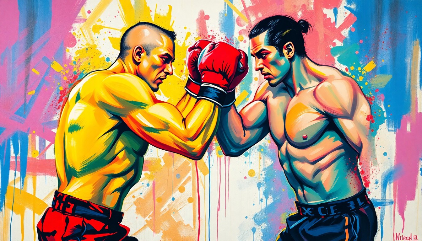 An abstract, neon-colored expressionist painting depicting two muscular, faceless figures engaged in a fierce bare-knuckle boxing match, with vibrant brushstrokes and splatters of paint capturing the raw energy and intensity of the fight.