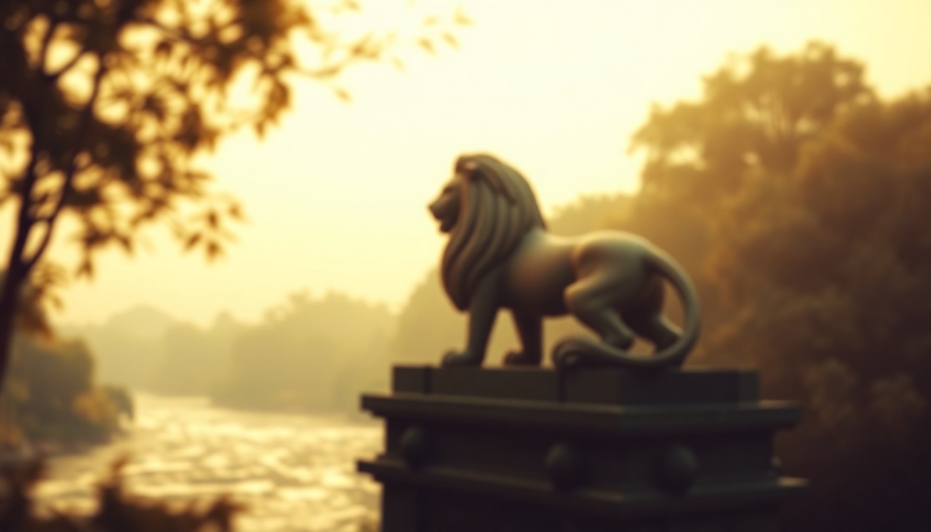 An extremely abstracted, out-of-focus photograph depicting a large lion statue in a park setting, with the statue's form barely visible through a hazy, dreamlike wash of warm colors and soft, blurred shapes.