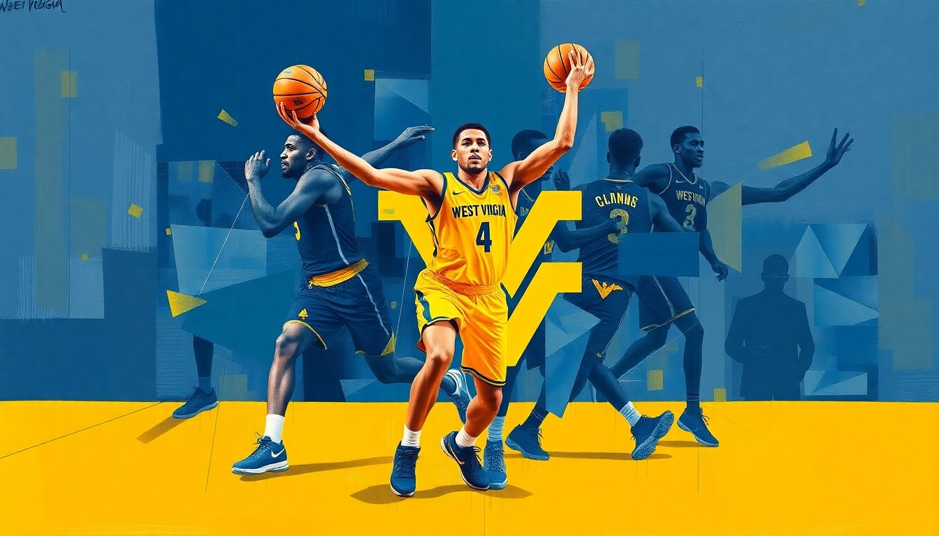 A cubist-style painting depicting a basketball player in motion, with their body and the ball broken down into overlapping geometric shapes and planes in shades of blue and gold.