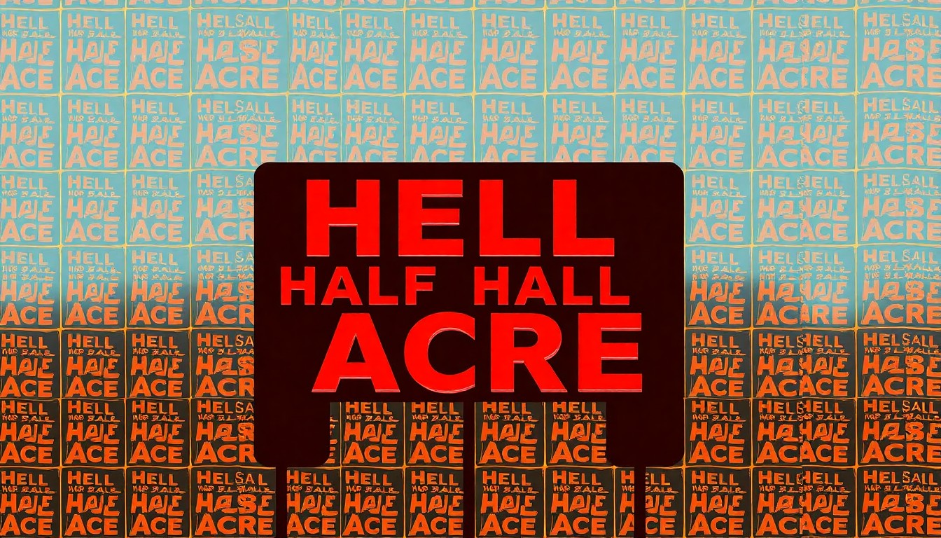 A brightly colored, high-contrast silkscreen print of the distinctive Hell's Half Acre sign, repeated in a tight grid pattern against a vibrant neon color palette, capturing the sign's iconic grinning devil and rugged, weathered appearance in a modern pop art style.