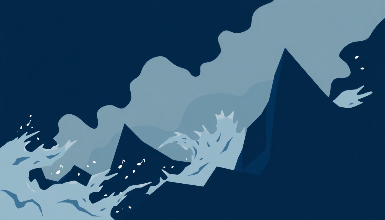 An abstract, minimalist illustration featuring sharp, angular shapes in shades of blue and grey, conveying the idea of powerful, disruptive natural forces that can impact live music events.