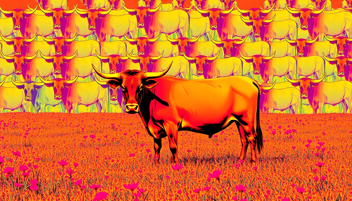 A brightly colored, high-contrast silkscreen print of a lone Texas Longhorn standing in a field of wildflowers, repeated in a tight grid pattern, conceptually representing the iconic Texas symbol and the state's natural beauty.
