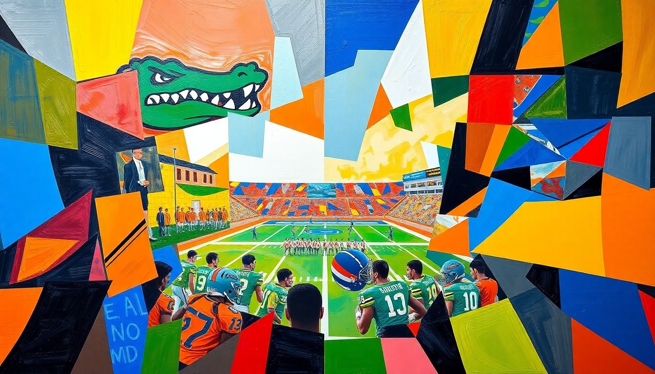 A fragmented, geometric painting depicting a football game or match, with sharp, overlapping planes of bright orange, blue, and green colors representing the official colors of the Florida Gators and Sarasota High School. The abstract, deconstructed style captures the dynamic energy and strategic complexity of the recruiting process.