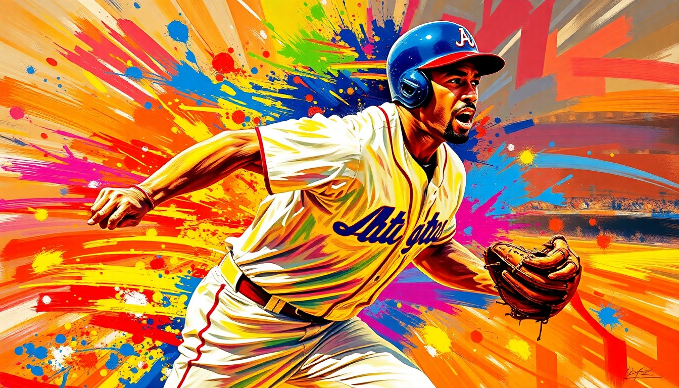 An abstract expressionist painting in neon colors, capturing the dynamic motion and energy of a baseball player sliding into a base, with the player's features and uniform dissolving into vibrant brushstrokes.