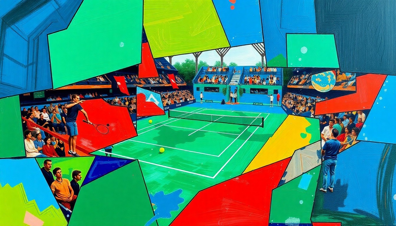 A fragmented, cubist-style painting depicting a tennis match or tournament scene, with sharp, overlapping geometric shapes in vibrant colors like blue, green, and red, conveying the dynamic energy of the sport.