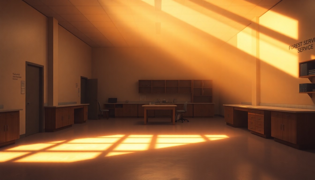 A serene, cinematic painting of an empty, sunlit interior space with wooden desks, bookshelves, and scientific equipment, conveying a sense of quiet contemplation and the potential loss of important research capabilities.