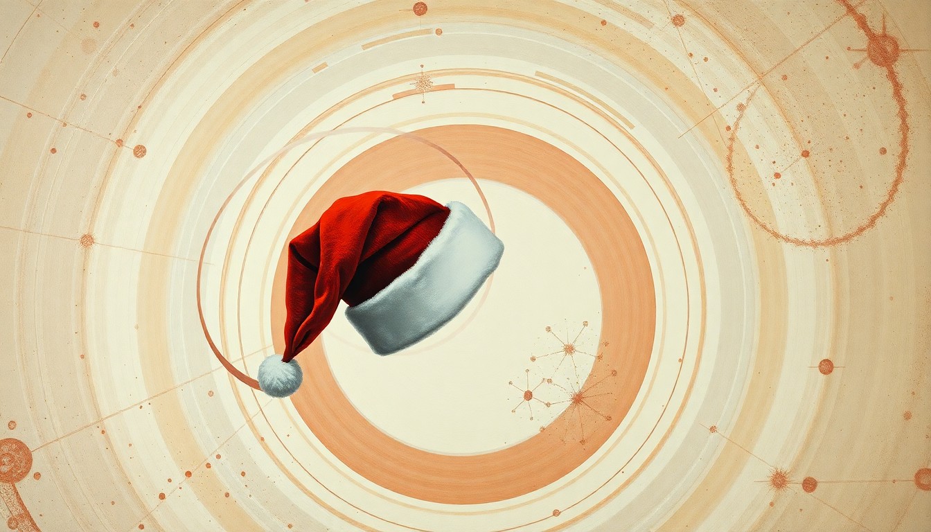 An abstract, highly structured painting in soft, earthy tones of red, white, and blue, featuring sweeping geometric arcs, concentric planetary circles, and precise botanical spirals, conceptually representing the journey of a Santa hat through the cosmos.