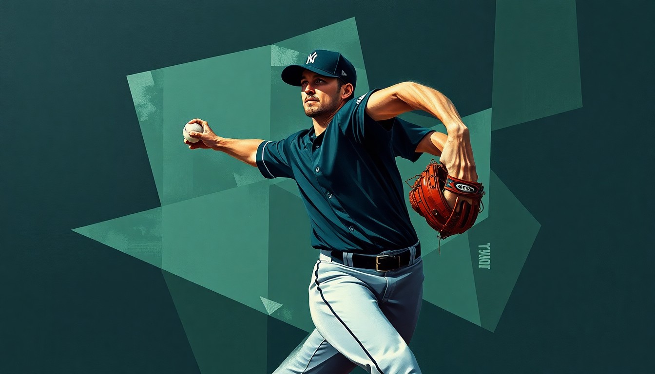 A cubist, geometric illustration depicting a baseball pitcher's delivery broken down into overlapping, angular planes in muted tones of navy, forest green, and charcoal grey, conceptually representing the complex decision-making process teams face when evaluating unproven talent.