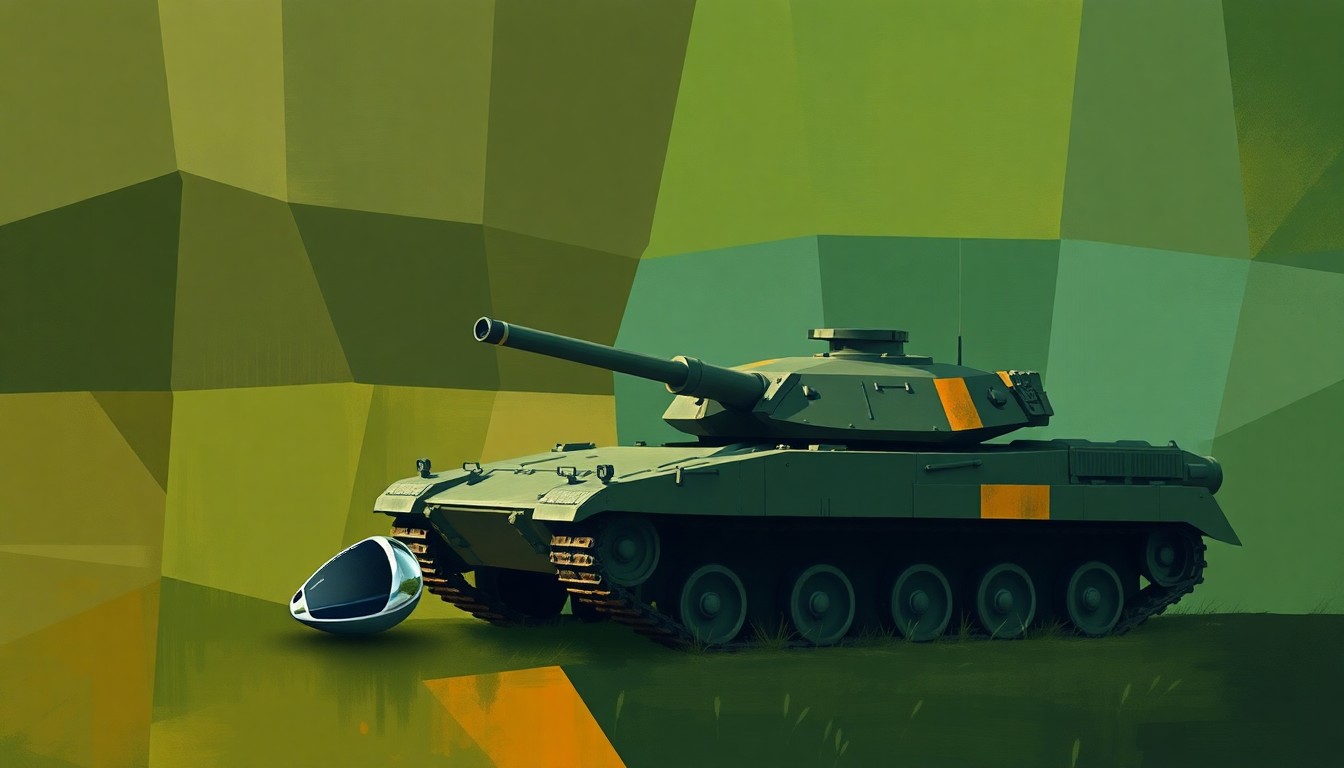 A dynamic, abstract painting featuring overlapping, fragmented shapes and lines in shades of green, blue, and orange, conceptually representing the tension and chaos of the ongoing Iran conflict and the former president's decision to take a golf vacation during this time.