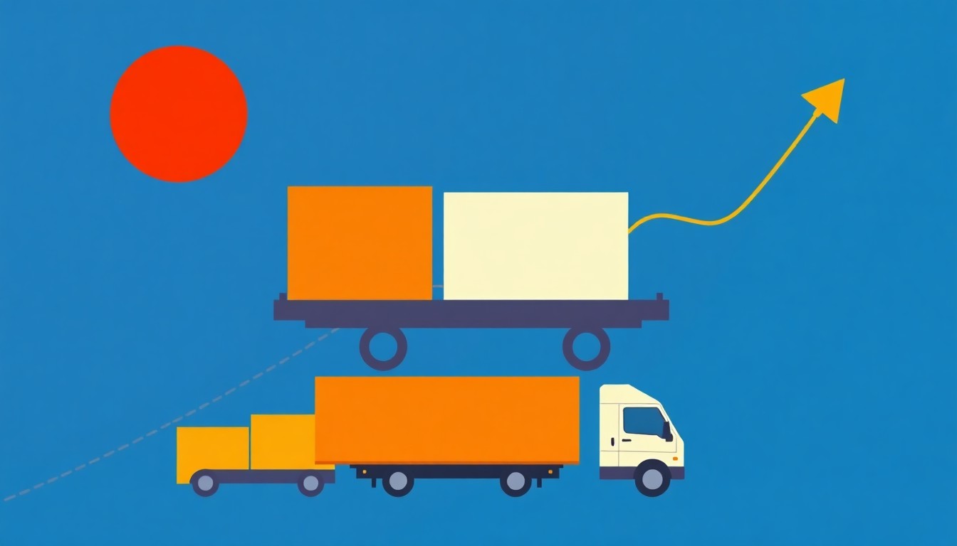 A geometric abstract illustration composed of overlapping triangles and rectangles in shades of blue, red, and yellow, conceptually representing the rising costs of shipping and transportation.