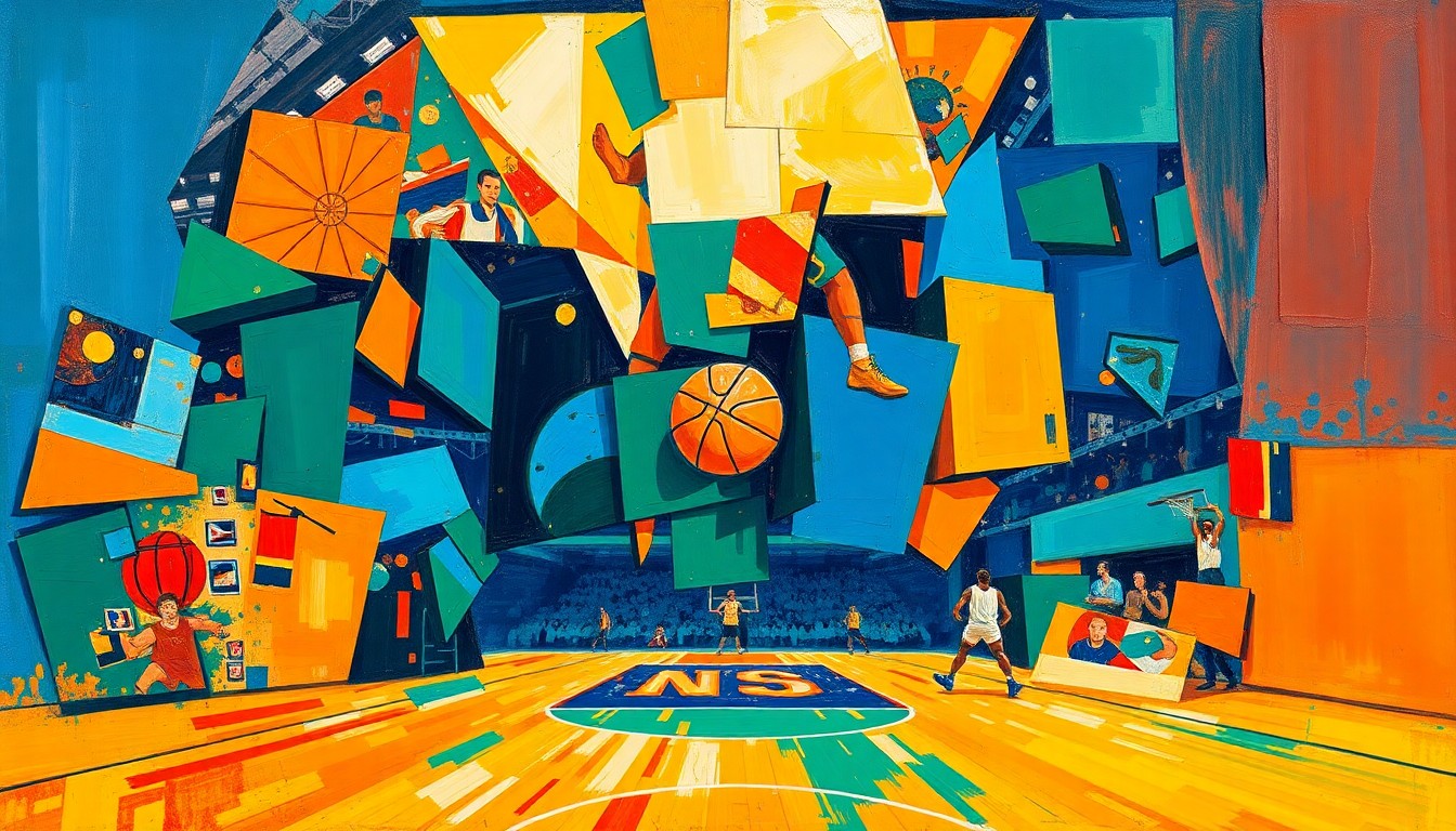 A cubist, geometric painting featuring sharp, overlapping planes of vibrant blue, orange, and green, dynamically representing the action and energy of a basketball game.