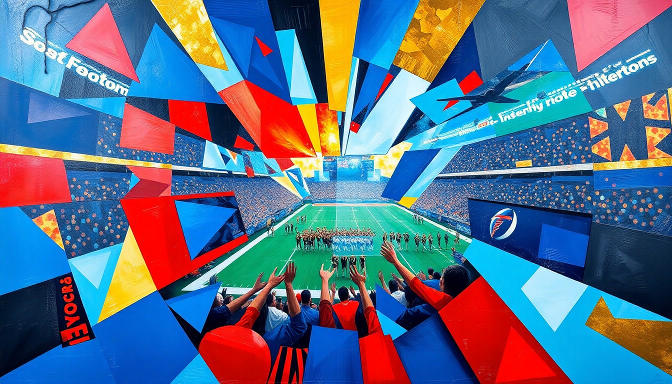 A cubist, geometric painting depicting a fragmented, multi-angled view of a football game or Super Bowl celebration, with sharp planes of color in deep blues, bright reds, and metallic golds.