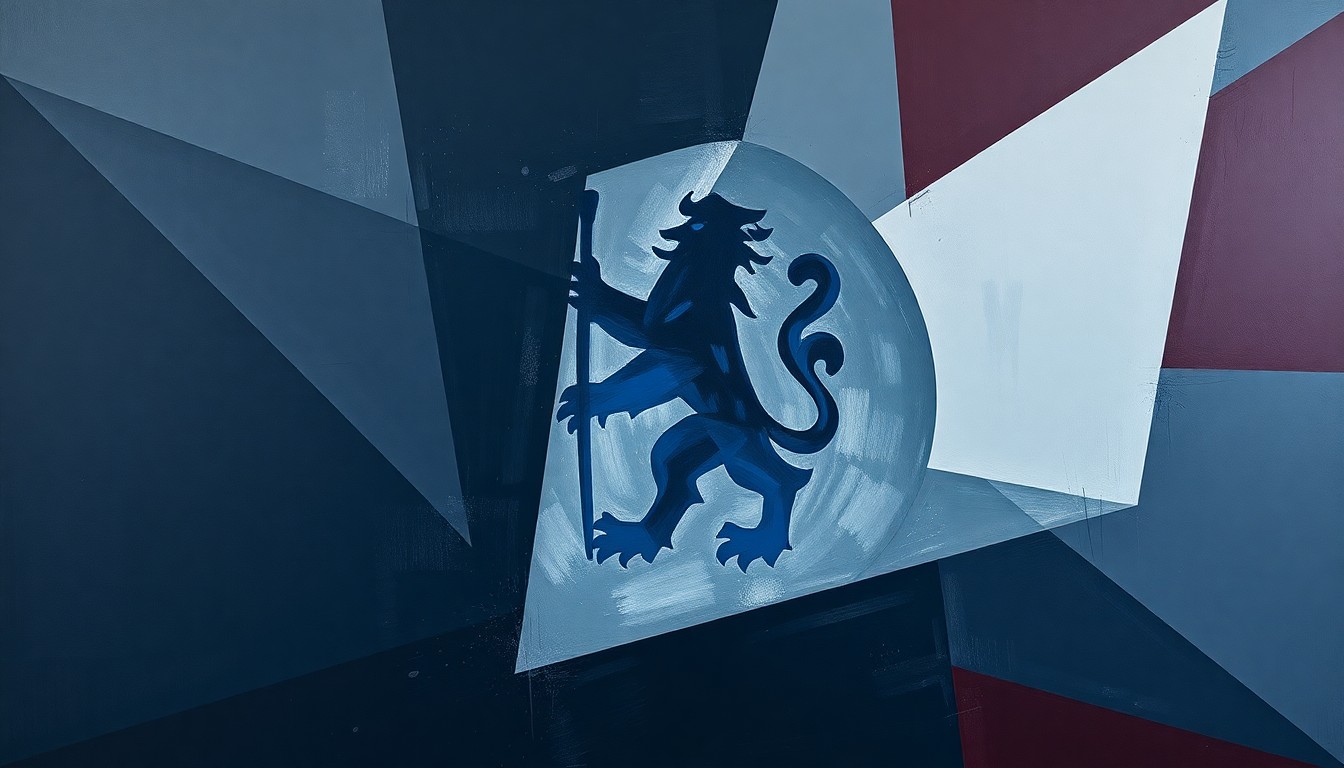 A fractured, geometric painting in muted tones of navy, grey, and red, conceptually representing the complex financial scandal that has engulfed Chelsea Football Club.