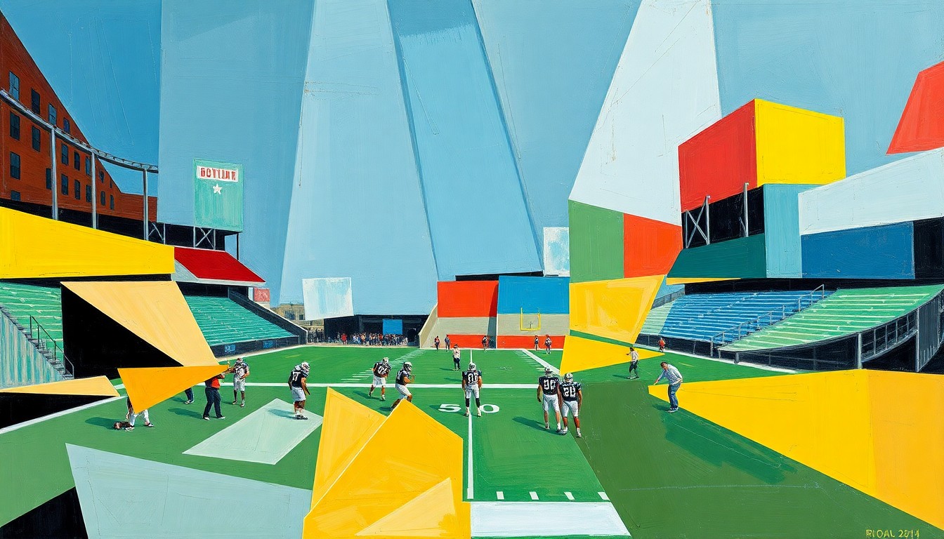 A fragmented, geometric painting depicting an abstract scene of NFL players and coaches engaged in various activities, with sharp lines and overlapping shapes representing the multifaceted nature of the offseason workouts.