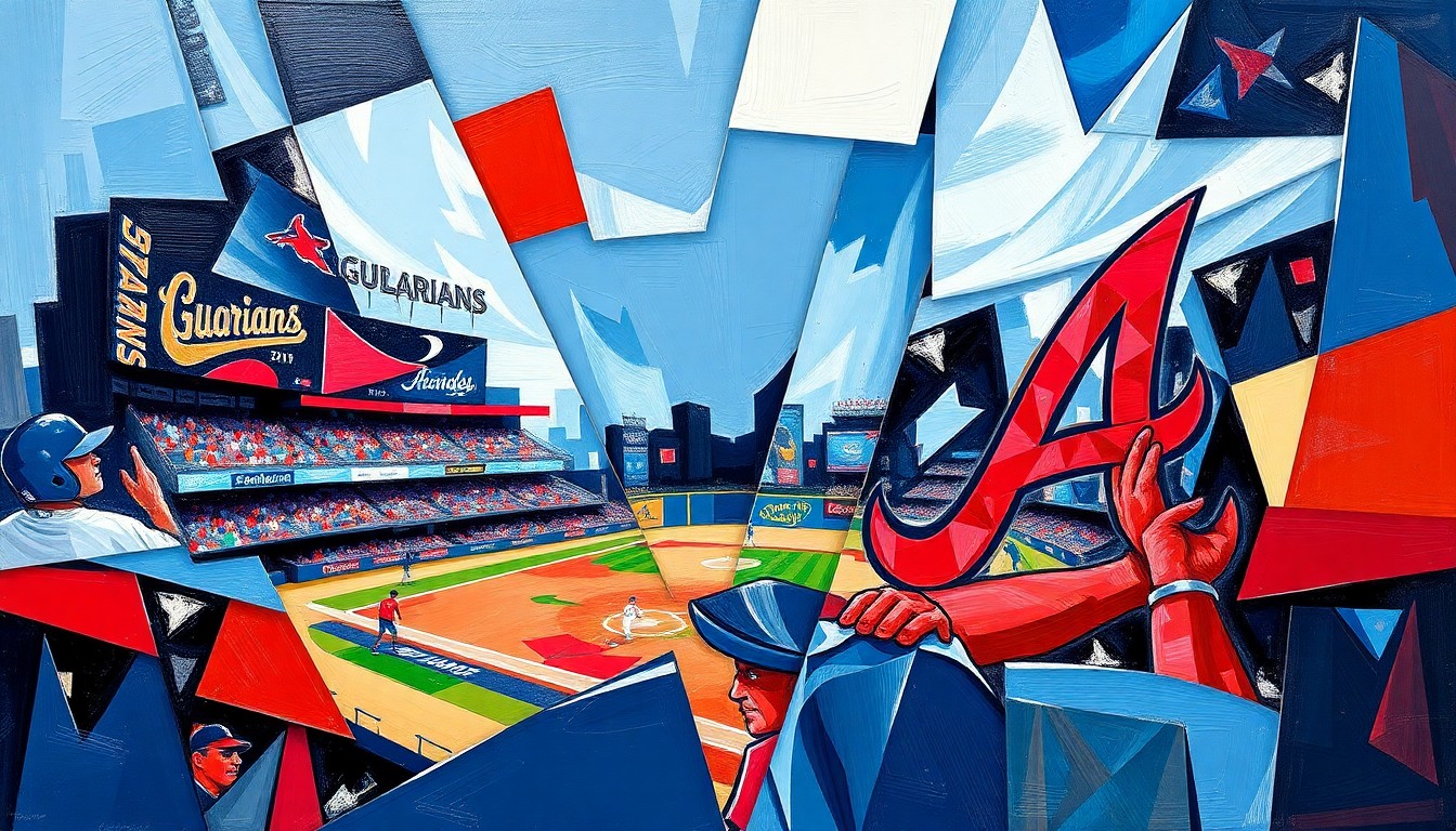 A fragmented, geometric painting in the style of Pablo Picasso, depicting an abstract baseball game between the Cleveland Guardians and Atlanta Braves with overlapping planes of navy, red, and white colors colliding in a dynamic, energetic composition.