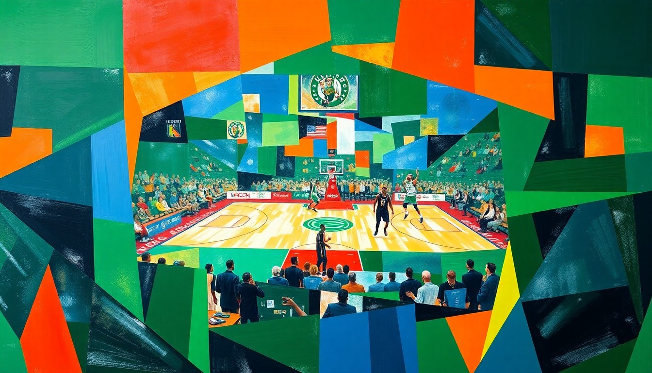 A cubist-style painting featuring sharp, overlapping geometric shapes in vibrant shades of green, blue, and orange, representing the dynamic action and competition of a basketball game between the Boston Celtics and New York Knicks.