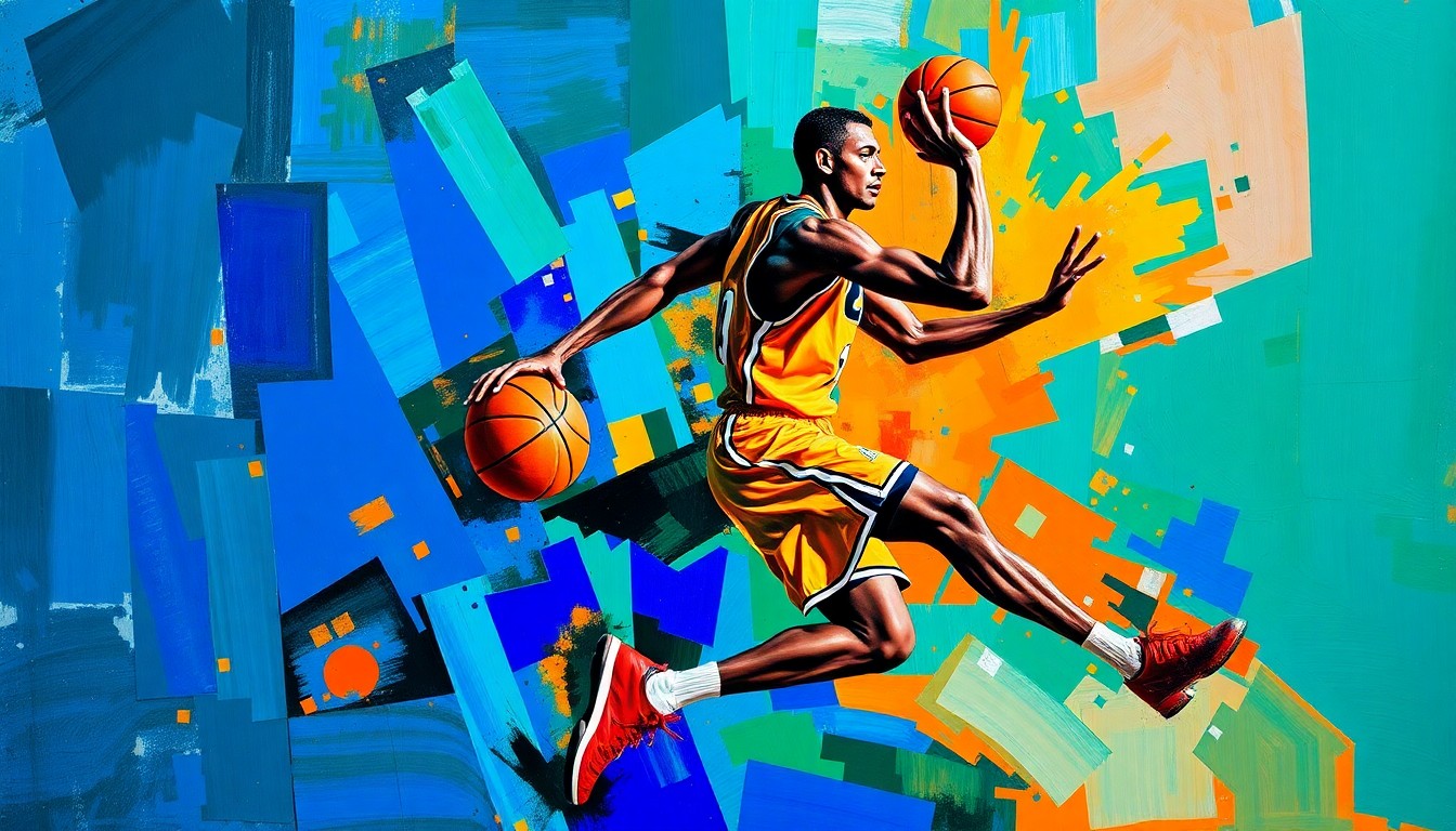 A fractured, multi-perspective painting depicting a basketball player's movements and actions broken down into sharp, overlapping geometric planes in vibrant colors like royal blue, emerald green, and fiery orange, conceptually representing the dynamic and versatile play style of Olivier-Maxence Prosper.