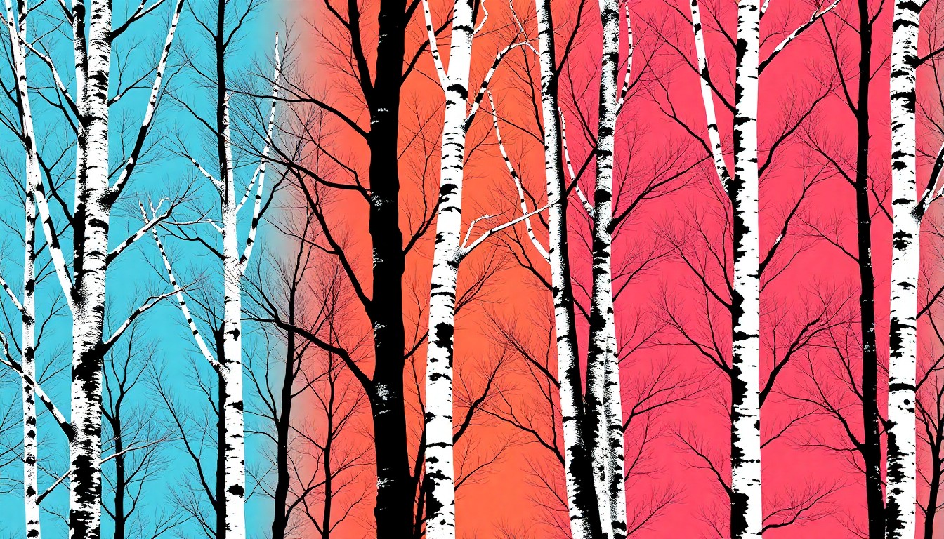 A highly stylized, silkscreen-inspired illustration featuring a repeating grid of white paper birch trees in bold, neon-like colors, conceptually representing the cultural and environmental importance of this indigenous species.
