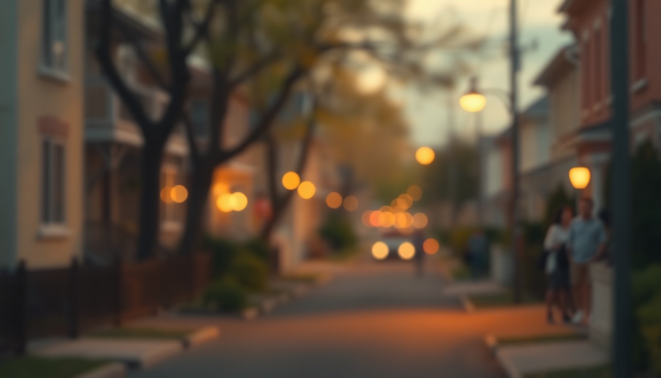 An abstract, impressionistic photograph of a residential street, with blurred streetlights and houses creating a hazy, atmospheric scene that evokes a sense of community and everyday life.
