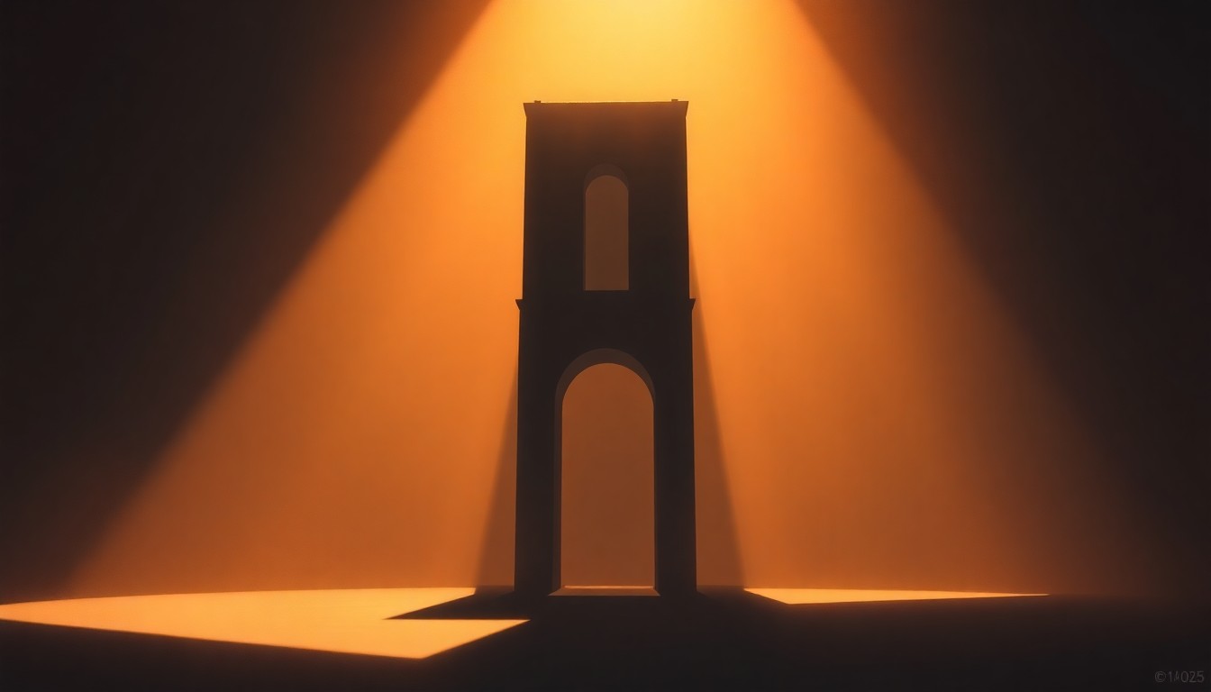 A serene, cinematic painting depicting a massive, solitary arch structure standing tall against a backdrop of warm, golden sunlight and deep, dramatic shadows, conveying a sense of contemplation and the weight of national symbolism.